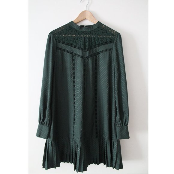 Ted Baker Chllo Lace-Detail Long Sleeve Dress / 4 Large 10 / Dark Green Flowy - Picture 6 of 13